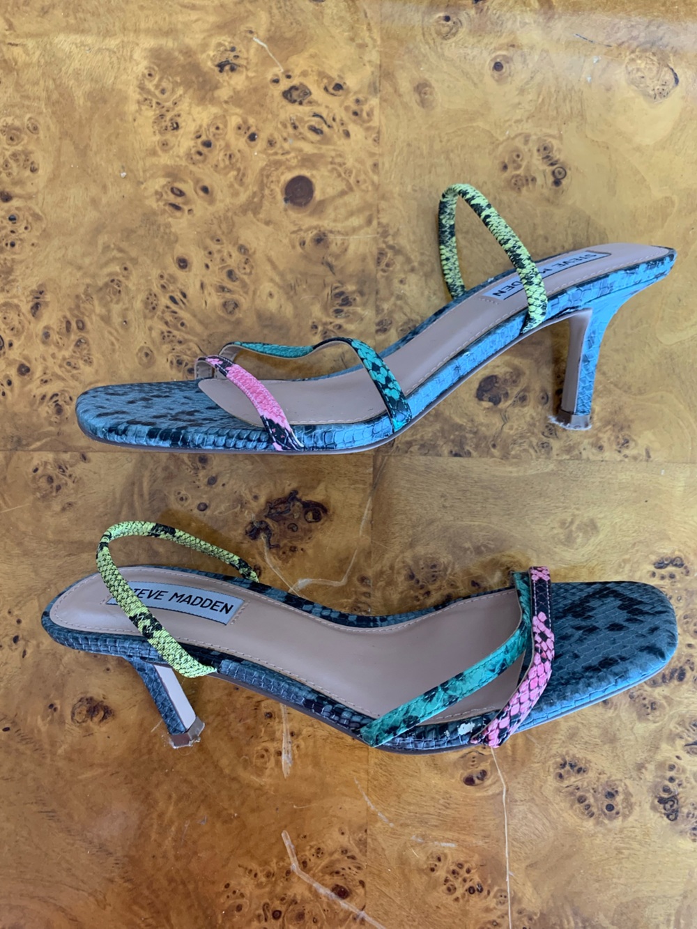 Steve Madden Pink Teal Yellow Snake-Print Strappy Heels